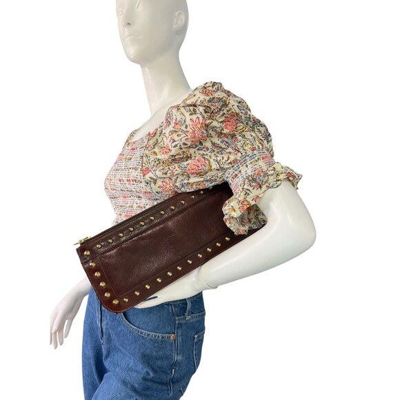 Jennifer Scott Long Studded Brown Leather Clutch Handbag Riri Zipper 14" x 5" - Picture 1 of 11
